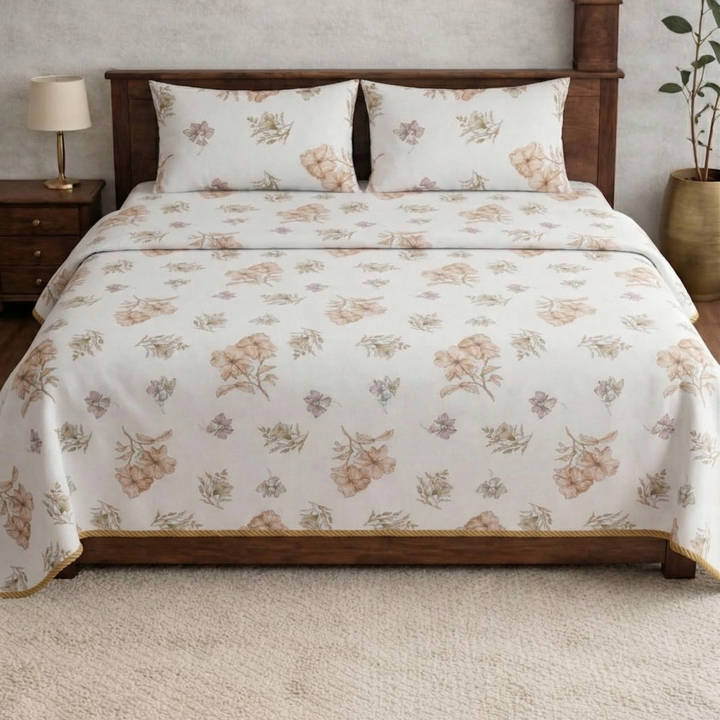 Snow White Designer Floral Bedsheet Set