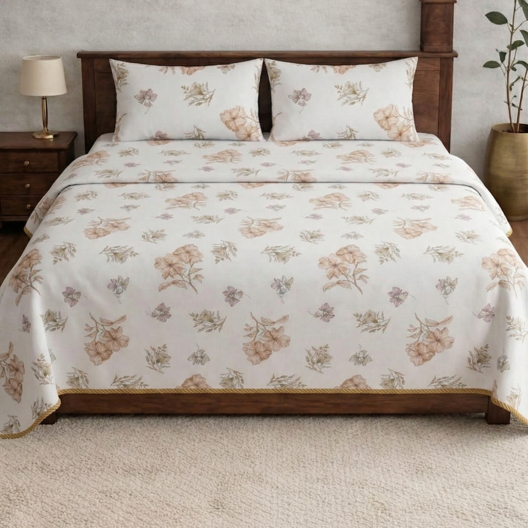 Snow White Designer Floral Bedsheet Set