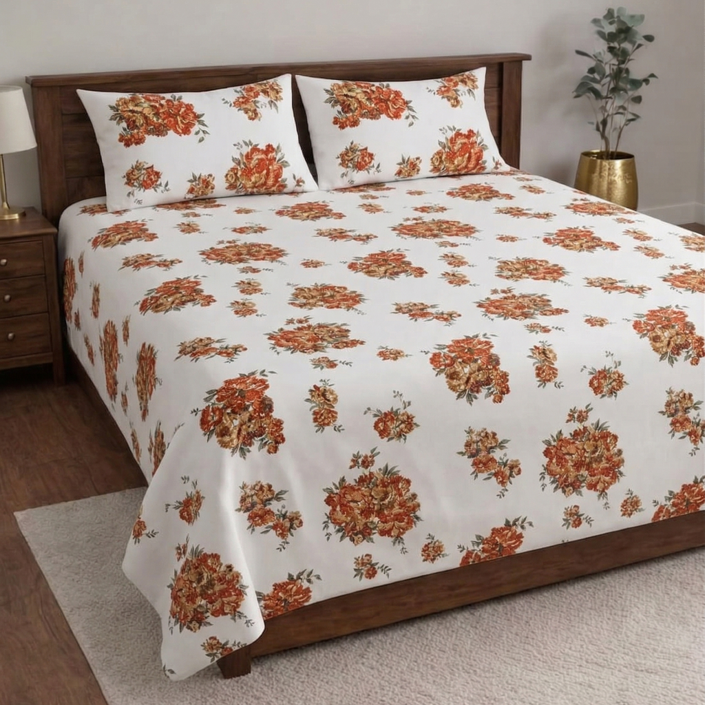 Snow White Designer Floral Bedsheet Set