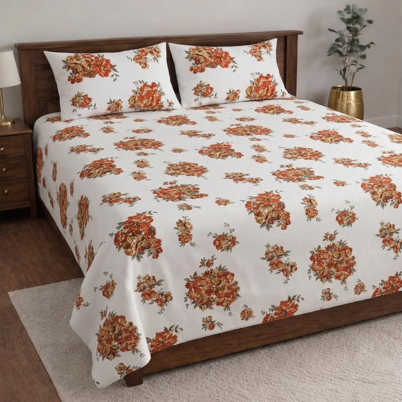 Snow White Designer Floral Bedsheet Set