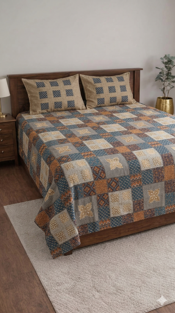 Soft Cotton Fabric Bagru Ethnic Printed Single Bedsheet with Pillow Cover