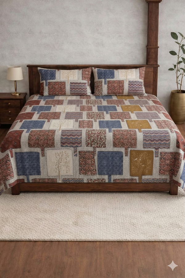 Pure Cotton Fabric Bagru Handblock Printed Single Bedsheet with Pillow Cover