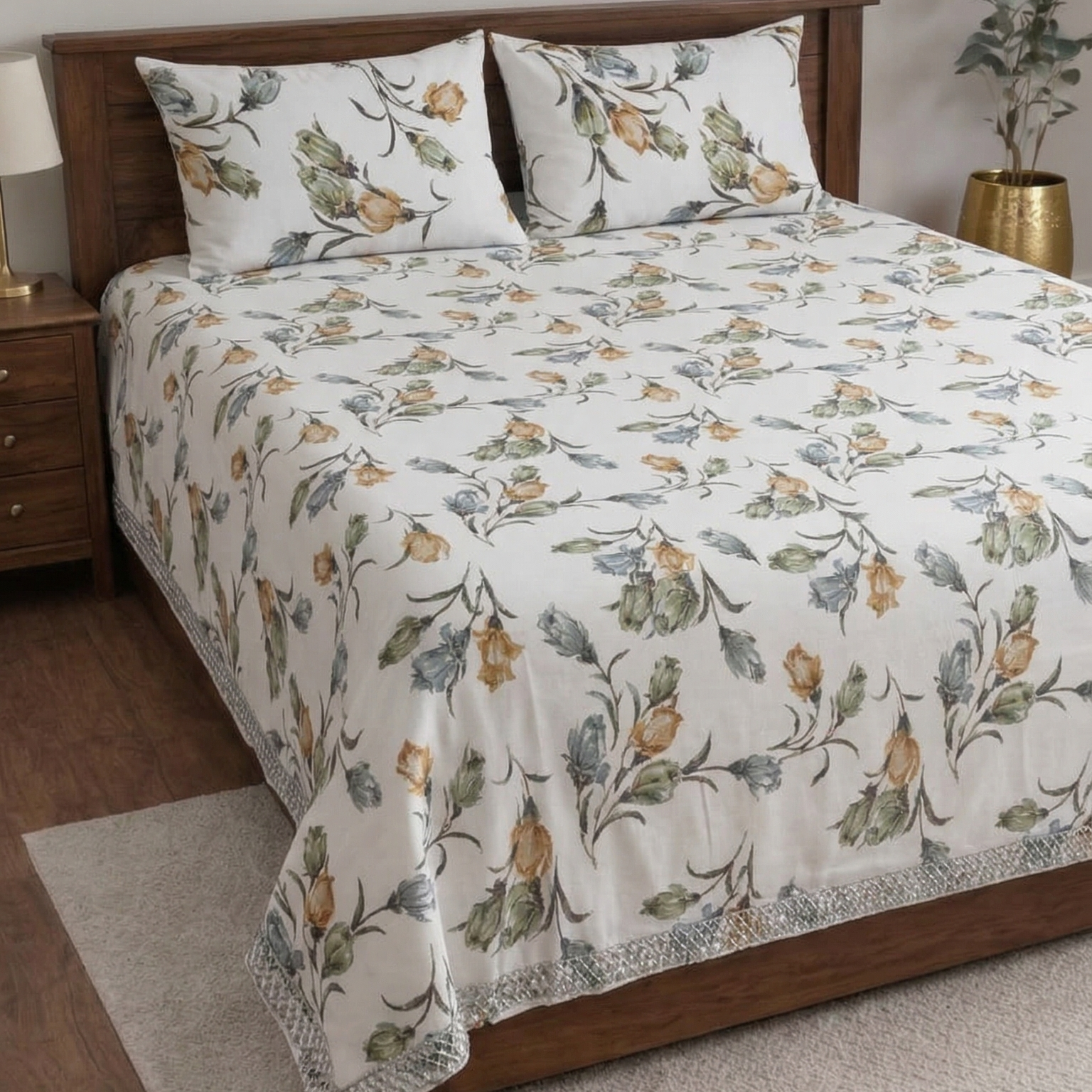 Snow White Designer Floral Bedsheet Set