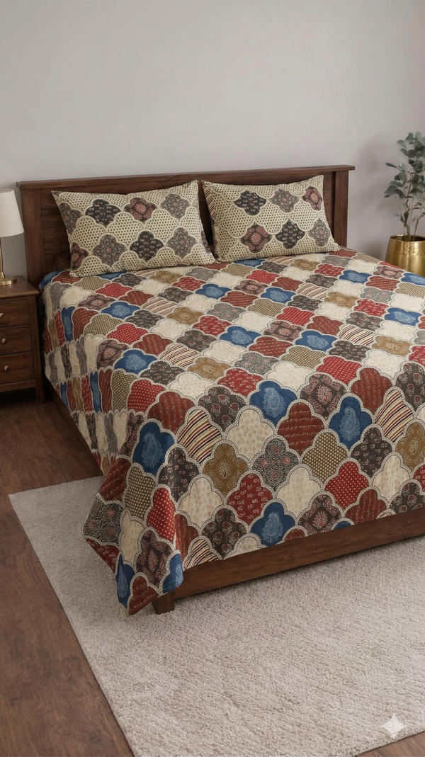 Premium Cotton Fabric Bagru Classic Handblock Printed Single Bedsheet with Pillow Cover