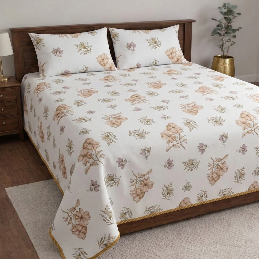 Snow White Designer Floral Bedsheet Set