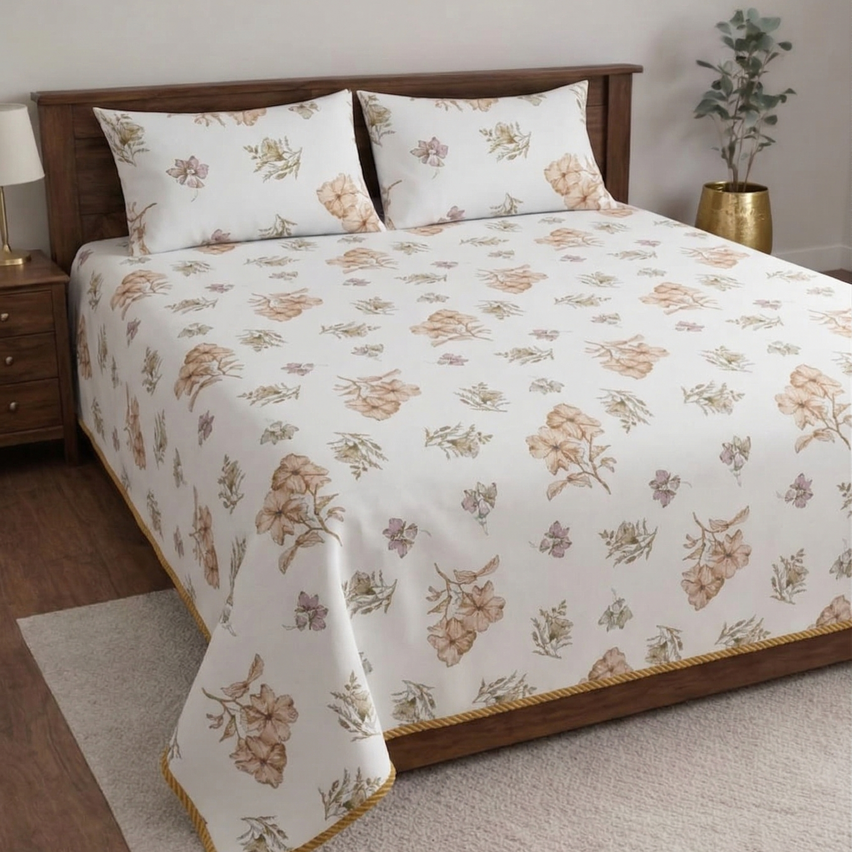 Snow White Designer Floral Bedsheet Set