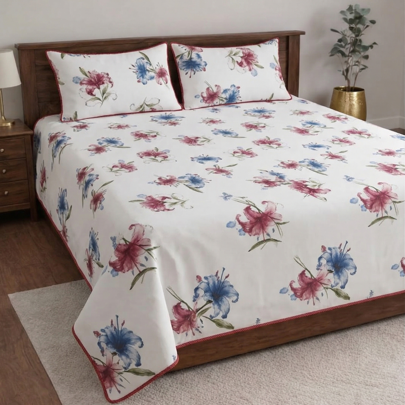 Snow White Designer Floral Bedsheet Set
