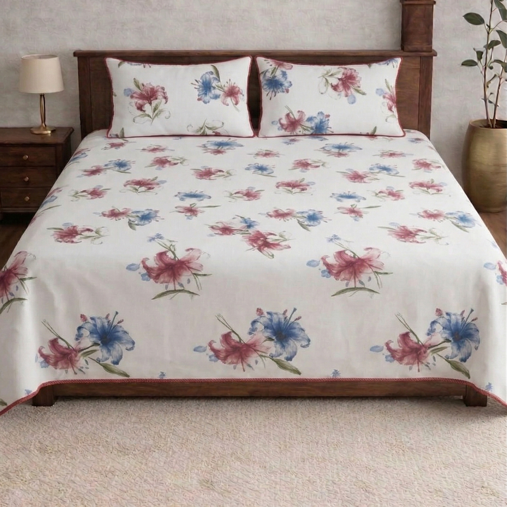 Snow White Designer Floral Bedsheet Set