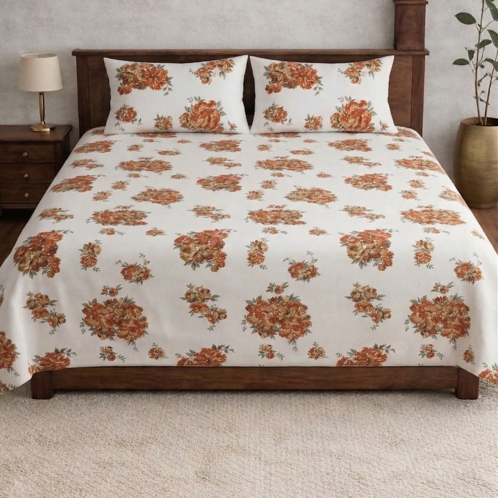 Snow White Designer Floral Bedsheet Set