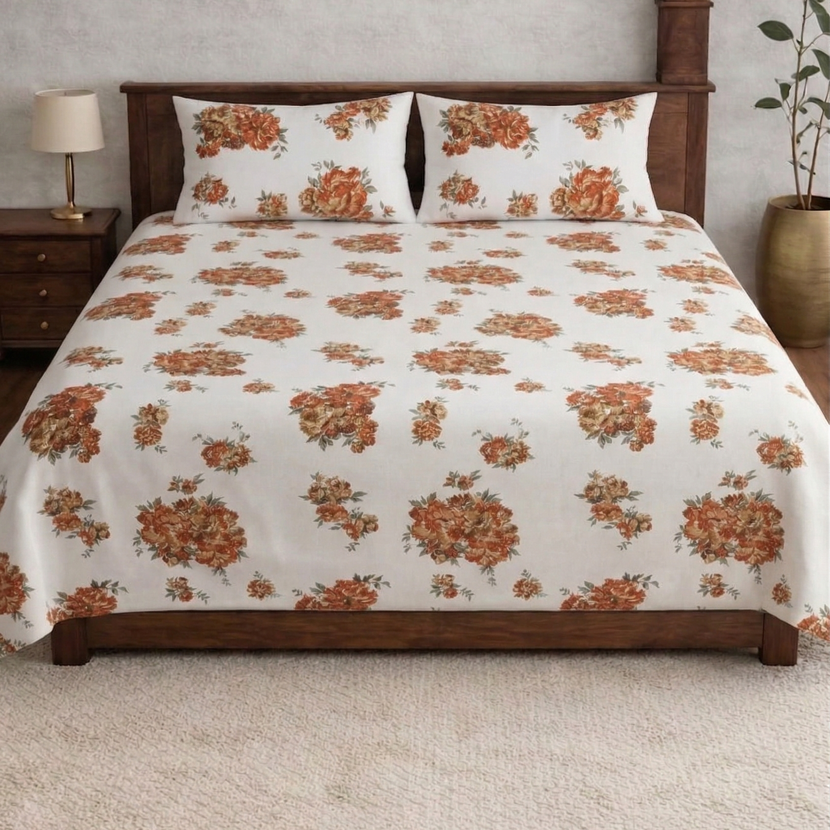 Snow White Designer Floral Bedsheet Set