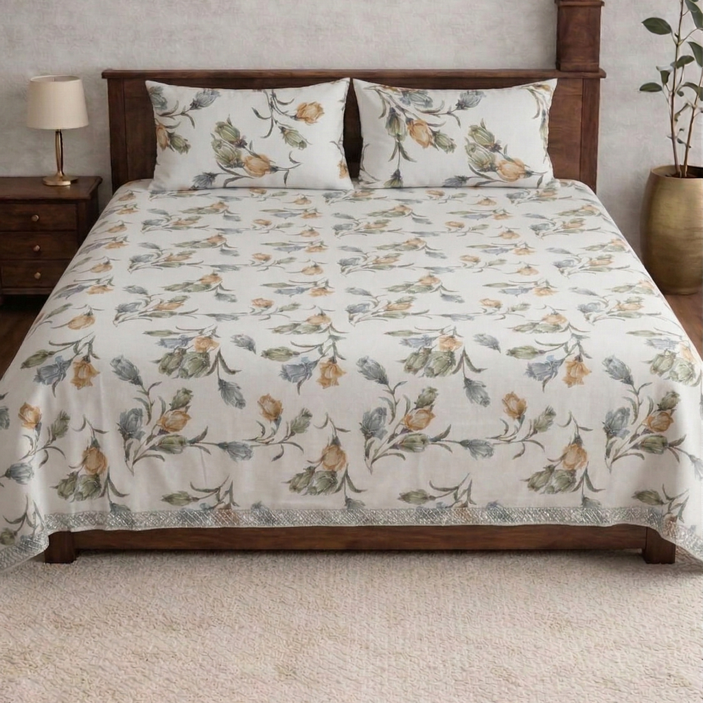 Snow White Designer Floral Bedsheet Set