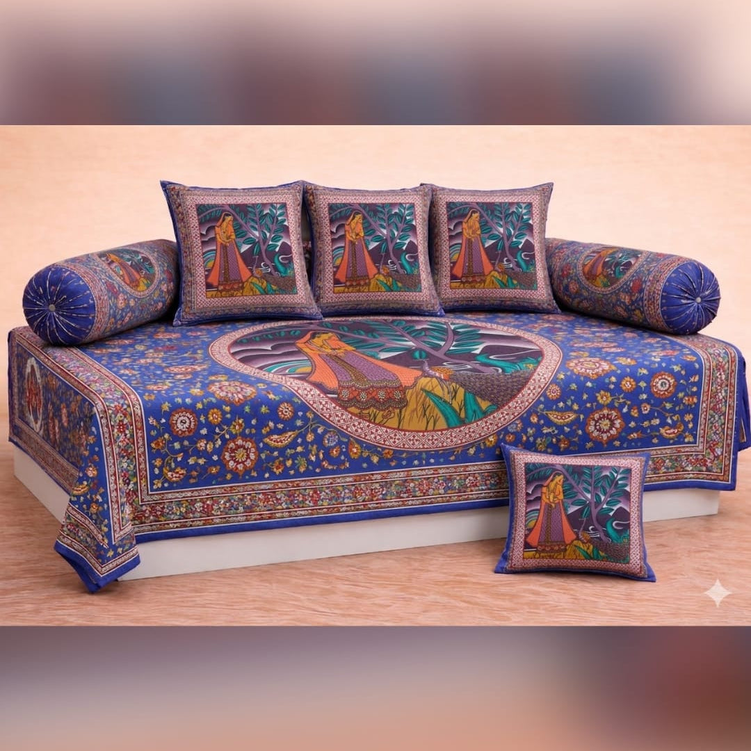 Dabu Printed 8 Pcs Diwan Set