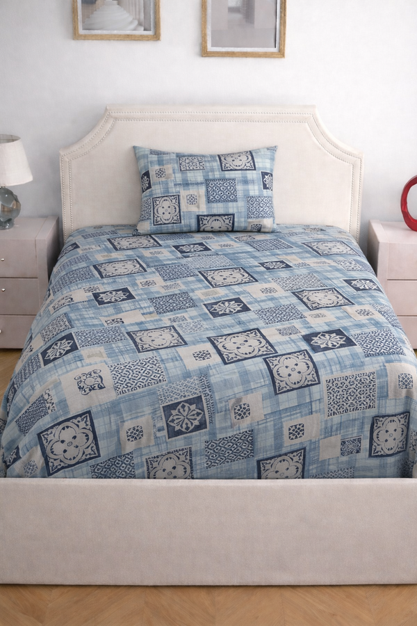 Pure Cotton crown Blue Single Bed sheet Set with Pillow Cover