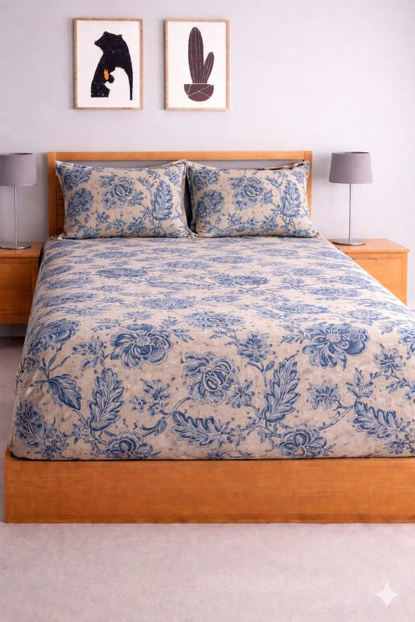 Premium Printed Elastic Fitted Bedsheet (Blue)