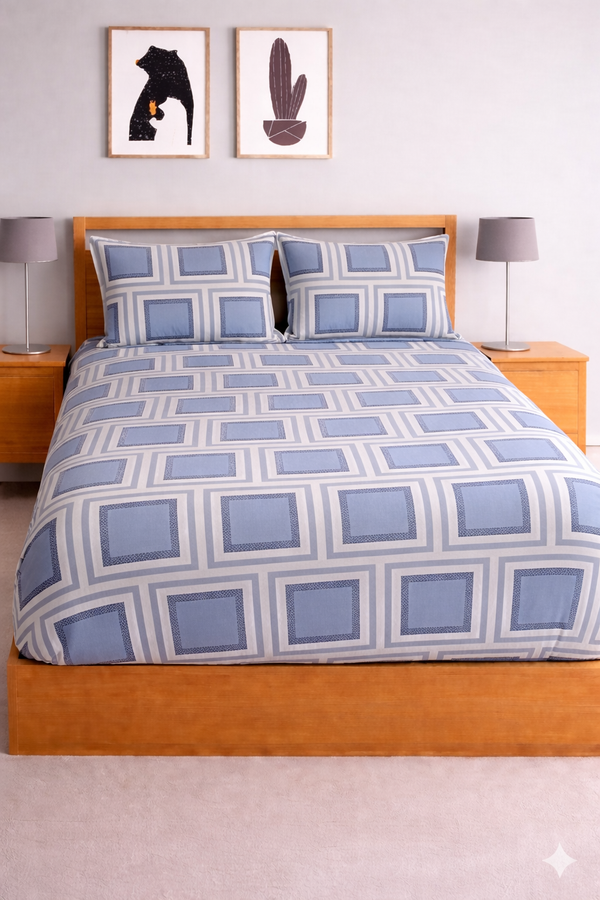 Premium Printed Elastic Fitted Bedsheet (Blue)